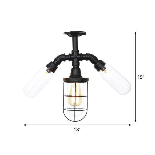 Antique Style Semi-Flush Ceiling Light - Clear Glass Flush Mounted Lamp with Cage in Black - 3 Bulbs