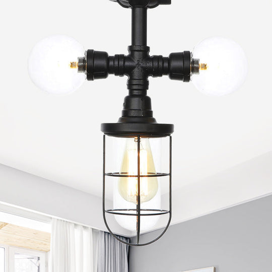 Antique Style Semi-Flush Ceiling Light - Clear Glass Flush Mounted Lamp with Cage in Black - 3 Bulbs