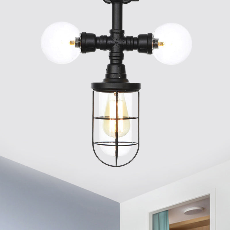 Antique Style Semi-Flush Ceiling Light - Clear Glass Flush Mounted Lamp with Cage in Black - 3 Bulbs