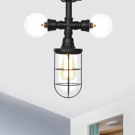 Antique Style Semi-Flush Ceiling Light - Clear Glass Flush Mounted Lamp with Cage in Black - 3 Bulbs