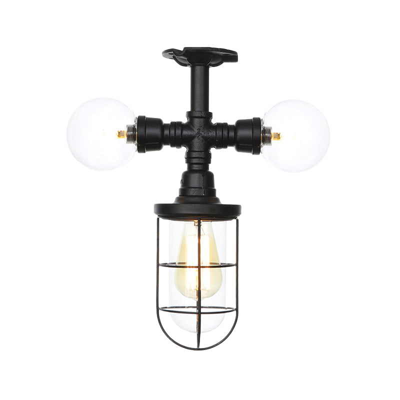 Antique Style Semi-Flush Ceiling Light - Clear Glass Flush Mounted Lamp with Cage in Black - 3 Bulbs