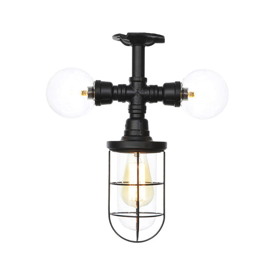 Antique Style Semi-Flush Ceiling Light - Clear Glass Flush Mounted Lamp with Cage in Black - 3 Bulbs