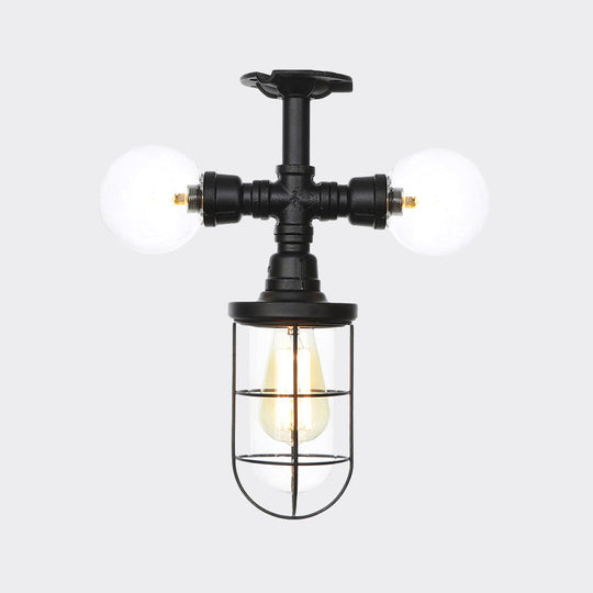 Antique Style Semi-Flush Ceiling Light - Clear Glass Flush Mounted Lamp with Cage in Black - 3 Bulbs