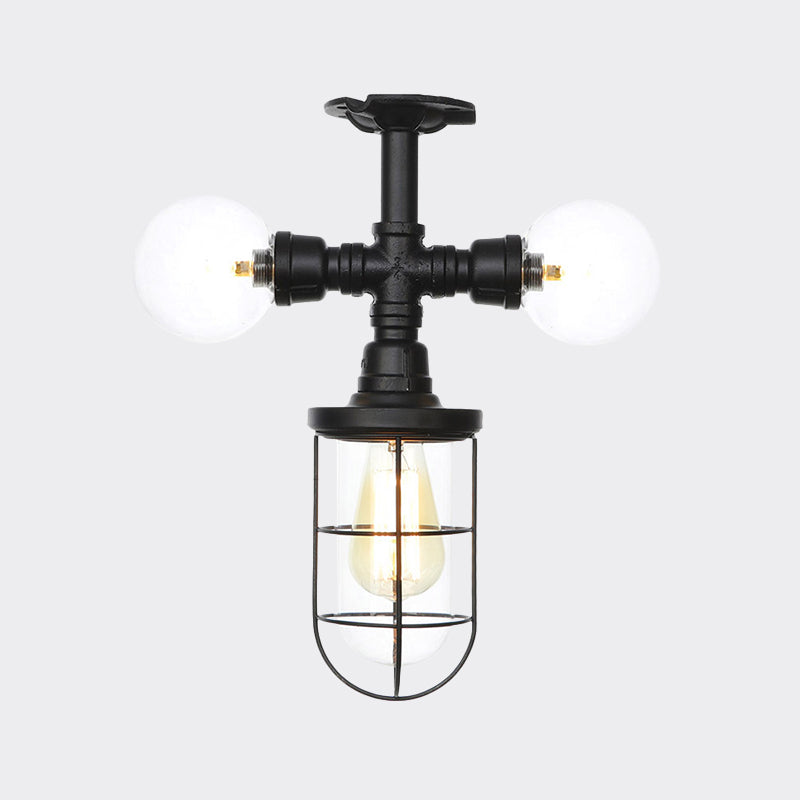 Antique Style Semi-Flush Ceiling Light - Clear Glass Flush Mounted Lamp With Cage In Black 3 Bulbs