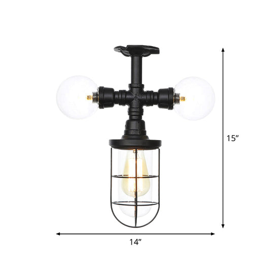 Antique Style Semi-Flush Ceiling Light - Clear Glass Flush Mounted Lamp with Cage in Black - 3 Bulbs