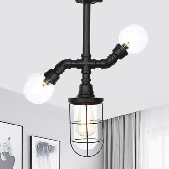 Antique Style Semi-Flush Ceiling Light - Clear Glass Flush Mounted Lamp with Cage in Black - 3 Bulbs