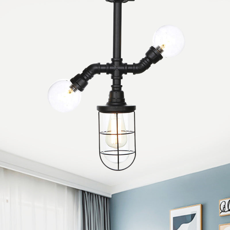 Antique Style Semi-Flush Ceiling Light - Clear Glass Flush Mounted Lamp with Cage in Black - 3 Bulbs