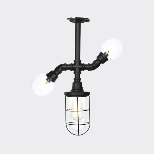 Antique Style Semi-Flush Ceiling Light - Clear Glass Flush Mounted Lamp with Cage in Black - 3 Bulbs