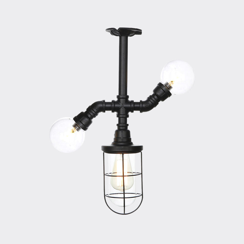 Antique Style Semi-Flush Ceiling Light - Clear Glass Flush Mounted Lamp With Cage In Black 3 Bulbs