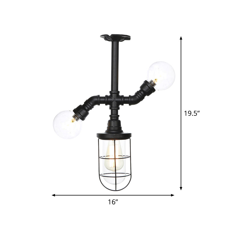 Antique Style Semi-Flush Ceiling Light - Clear Glass Flush Mounted Lamp with Cage in Black - 3 Bulbs