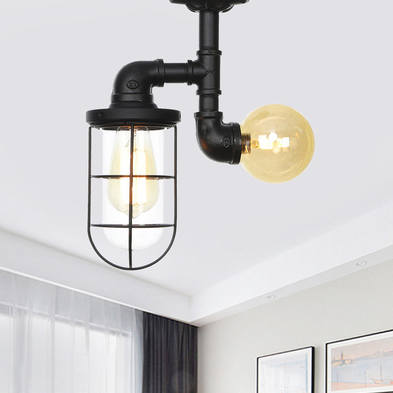 Vintage Black Ceiling Mounted Light with Clear Glass Orb and Cage for Corridors (2 Lights)