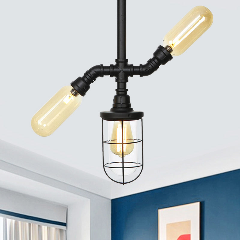 Sleek 3-Head Foyer Semi Flush Mount in Black with Clear Glass Ball/Capsule and Cage