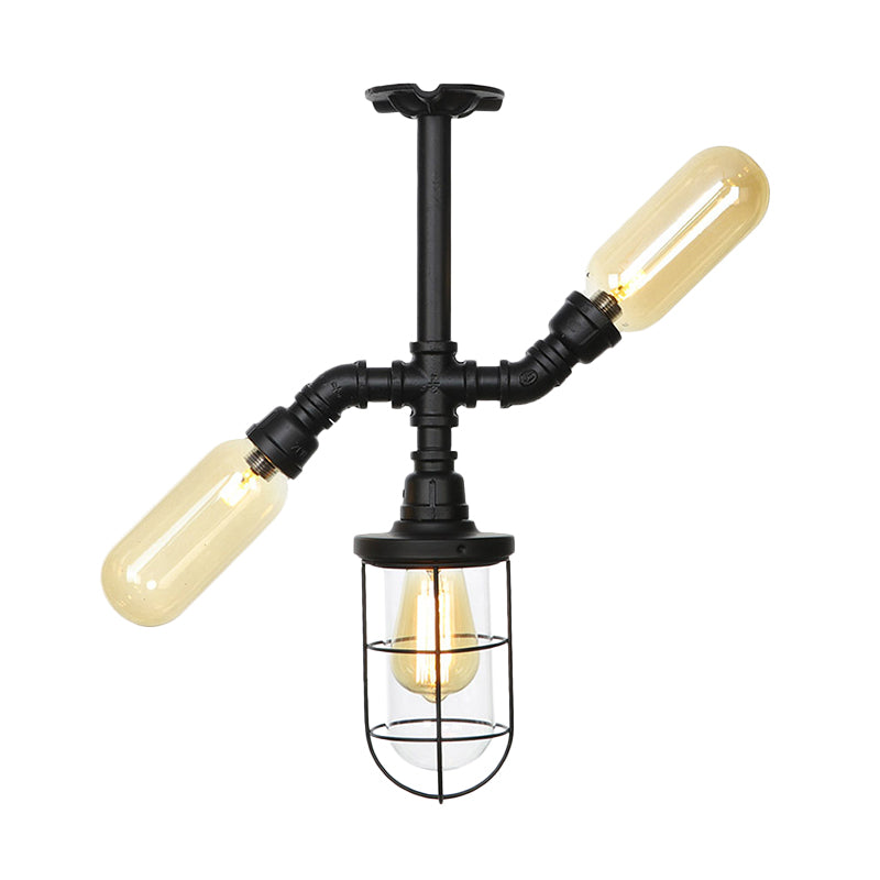 Sleek 3-Head Foyer Semi Flush Mount in Black with Clear Glass Ball/Capsule and Cage