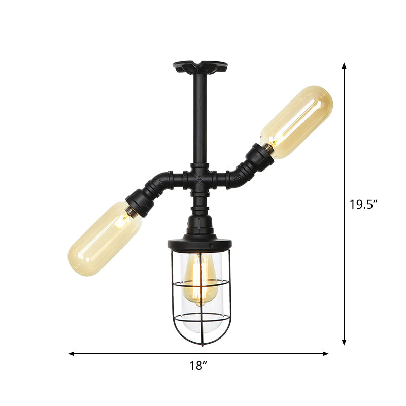 Sleek 3-Head Foyer Semi Flush Mount in Black with Clear Glass Ball/Capsule and Cage