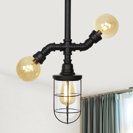 Sleek 3-Head Foyer Semi Flush Mount in Black with Clear Glass Ball/Capsule and Cage