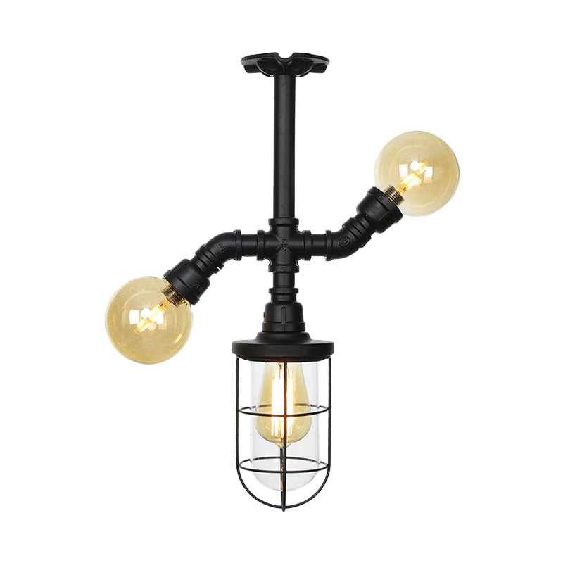 Sleek 3-Head Foyer Semi Flush Mount in Black with Clear Glass Ball/Capsule and Cage