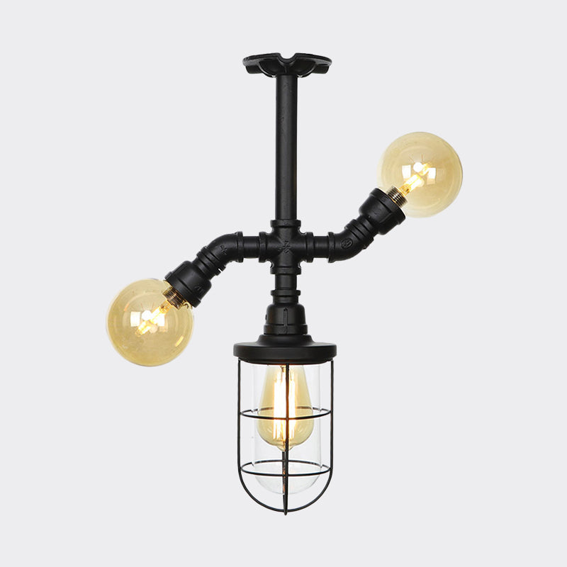 Industrial Black 3-Head Foyer Semi Flush Mount With Glass Ball/Capsule And Cage