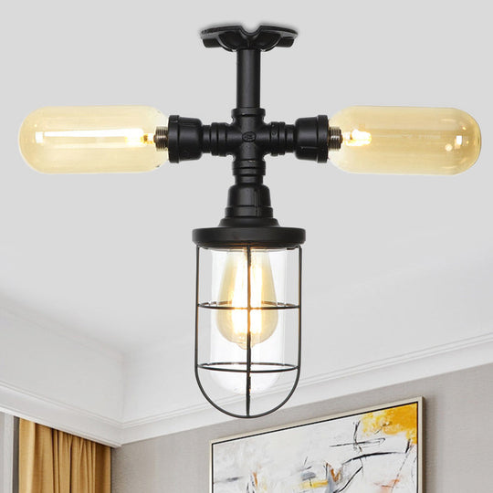 Sleek 3-Head Foyer Semi Flush Mount in Black with Clear Glass Ball/Capsule and Cage