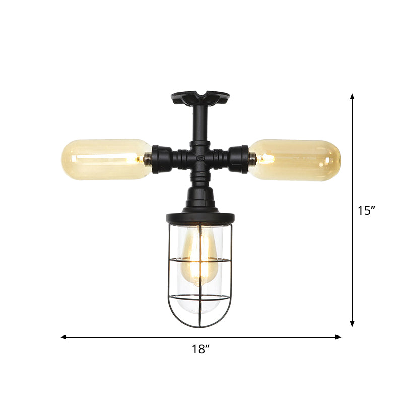 Sleek 3-Head Foyer Semi Flush Mount in Black with Clear Glass Ball/Capsule and Cage