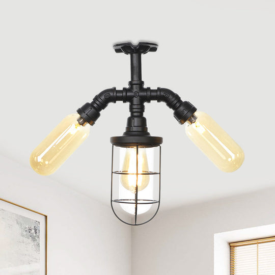 Industrial Black 3-Head Foyer Semi Flush Mount With Glass Ball/Capsule And Cage