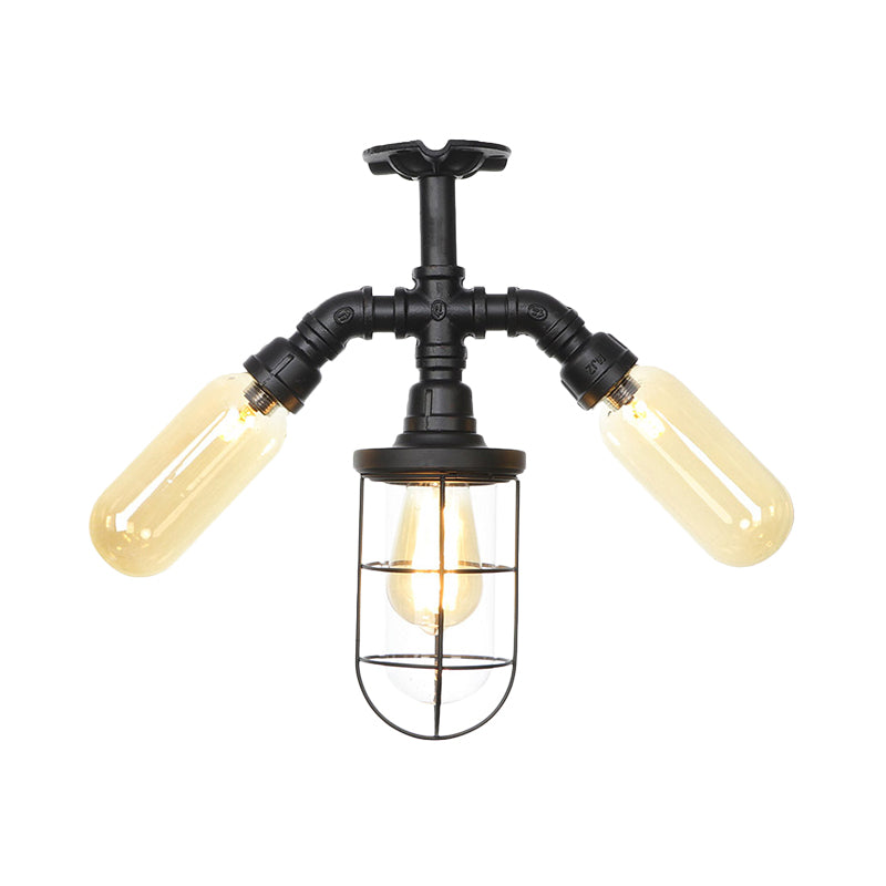 Sleek 3-Head Foyer Semi Flush Mount in Black with Clear Glass Ball/Capsule and Cage