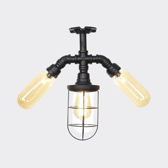 Sleek 3-Head Foyer Semi Flush Mount in Black with Clear Glass Ball/Capsule and Cage