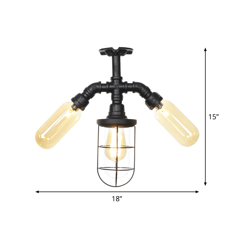 Industrial Black 3-Head Foyer Semi Flush Mount With Glass Ball/Capsule And Cage