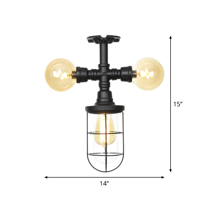 Industrial Black 3-Head Foyer Semi Flush Mount With Glass Ball/Capsule And Cage