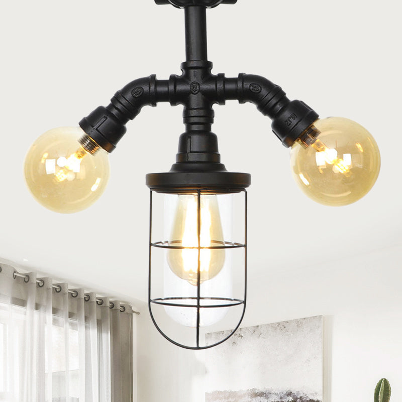 Industrial Black 3-Head Foyer Semi Flush Mount With Glass Ball/Capsule And Cage / F