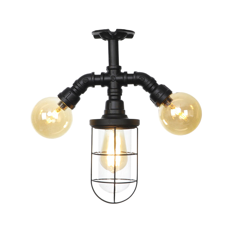 Sleek 3-Head Foyer Semi Flush Mount in Black with Clear Glass Ball/Capsule and Cage