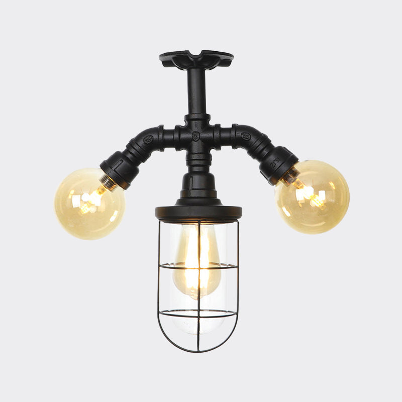 Sleek 3-Head Foyer Semi Flush Mount in Black with Clear Glass Ball/Capsule and Cage