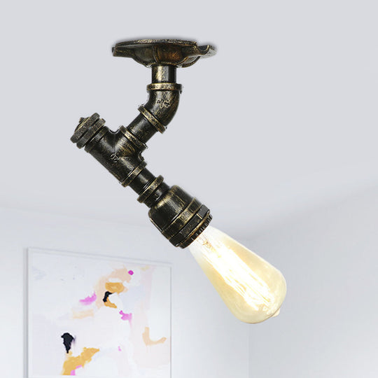 Antiqued Bronze Metal Flush Ceiling Lamp with 1 Exposed Bulb