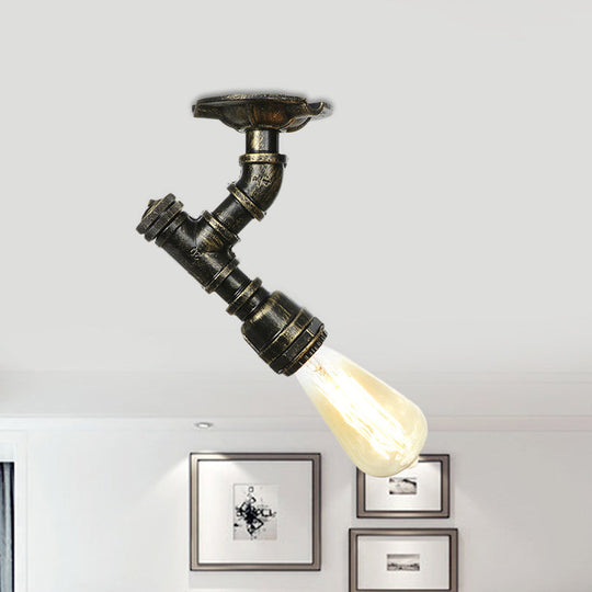 Antiqued Bronze Metal Flush Ceiling Lamp with 1 Exposed Bulb