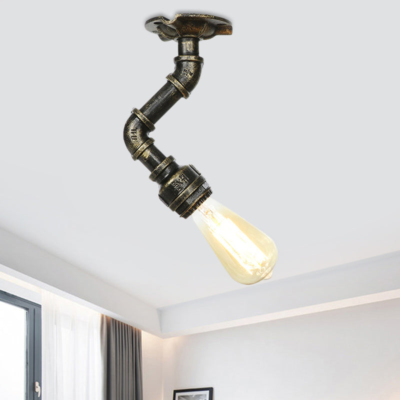 Antiqued Bronze Metal Flush Ceiling Lamp with 1 Exposed Bulb