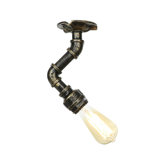 Antiqued Bronze Metal Flush Ceiling Lamp with 1 Exposed Bulb