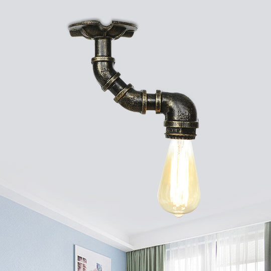 Antiqued Bronze Metal Flush Ceiling Lamp with 1 Exposed Bulb