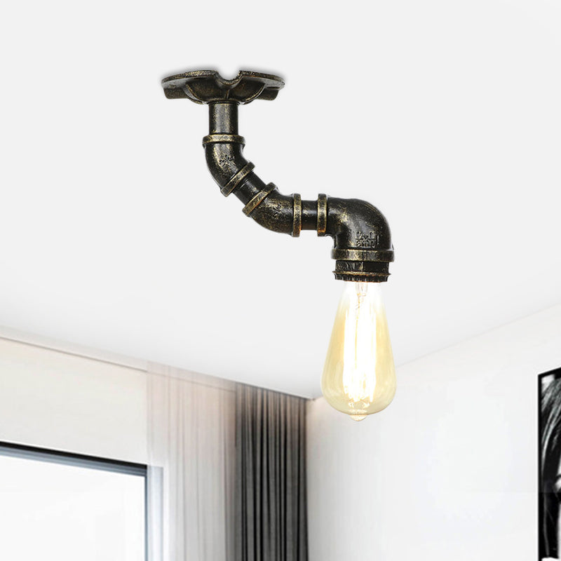 Antiqued Bronze Metal Flush Ceiling Lamp with 1 Exposed Bulb