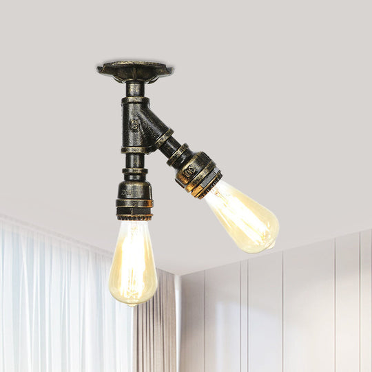 Bronze Industrial Semi Flush Light Fixture with Bare Bulb Design