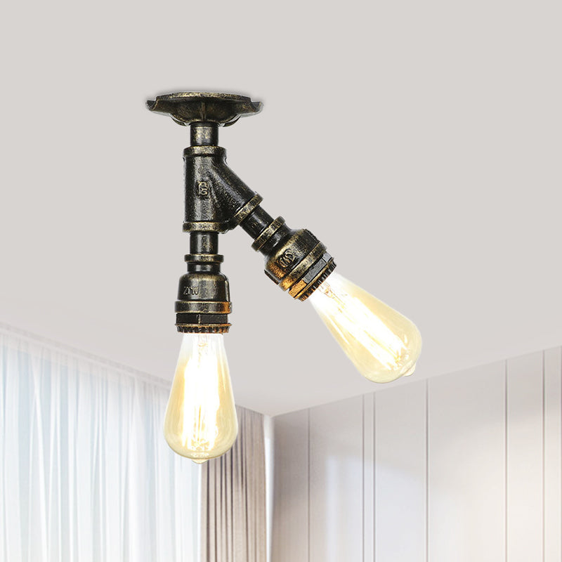 Bronze Industrial Semi Flush Light Fixture With Bare Bulb Design / A