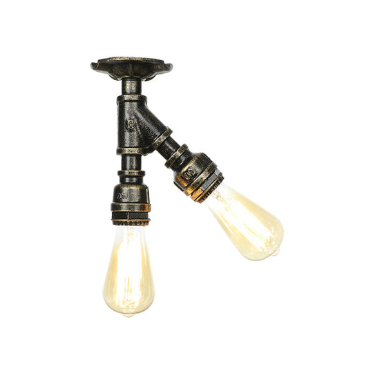 Bronze Industrial Semi Flush Light Fixture with Bare Bulb Design