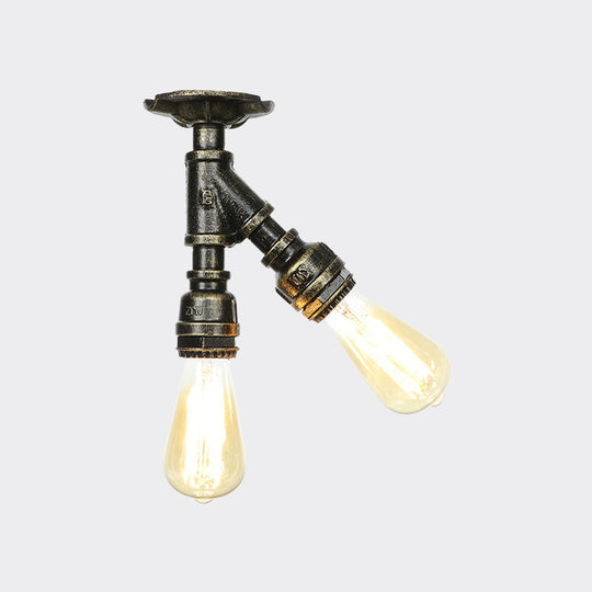 Bronze Industrial Semi Flush Light Fixture with Bare Bulb Design