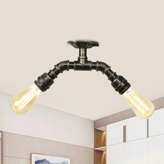 Bronze Industrial Semi Flush Light Fixture with Bare Bulb Design