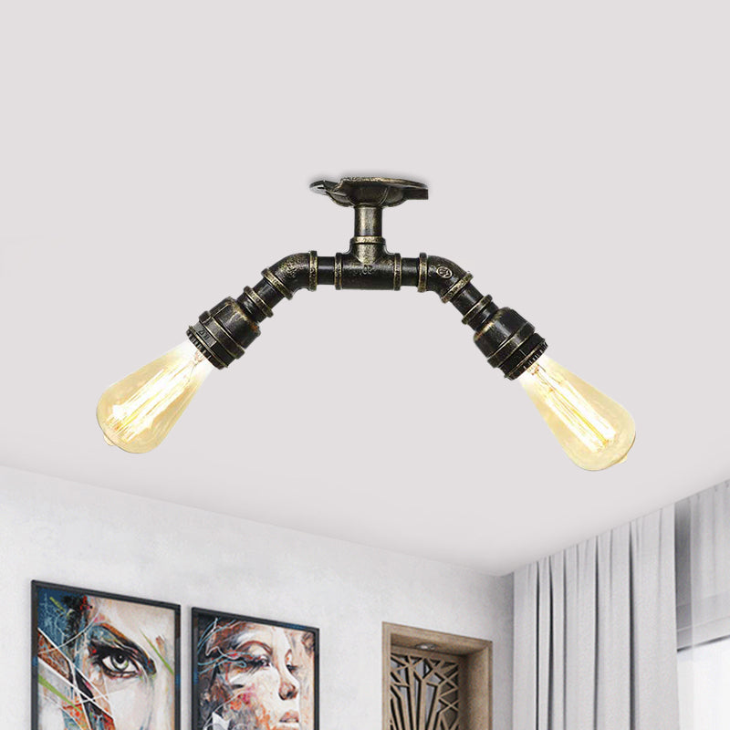 Bronze Industrial Semi Flush Light Fixture with Bare Bulb Design