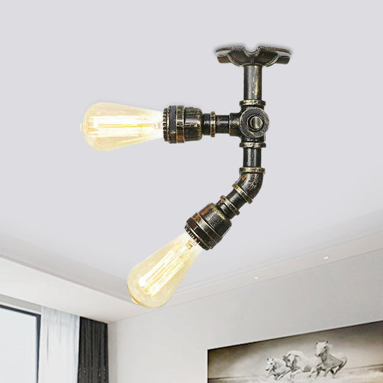 Bronze Industrial Semi Flush Light Fixture with Bare Bulb Design