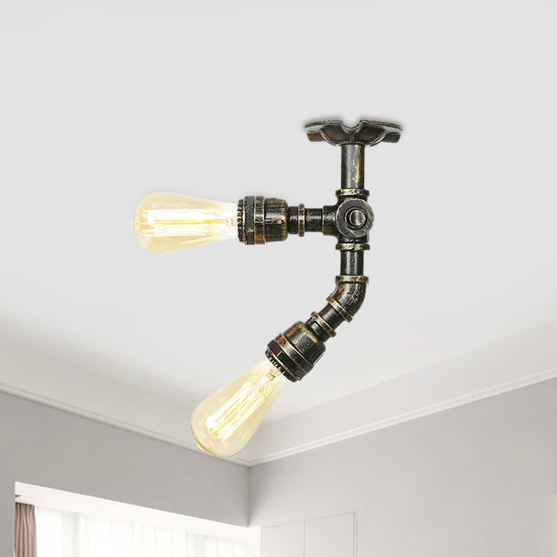 Bronze Industrial Semi Flush Light Fixture with Bare Bulb Design