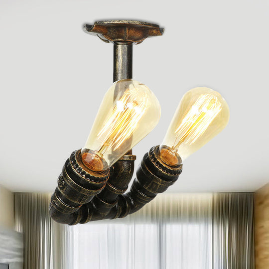 Bronze Industrial Semi Flush Light Fixture with Bare Bulb Design