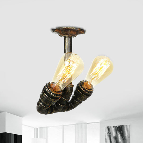 Bronze Industrial Semi Flush Light Fixture with Bare Bulb Design