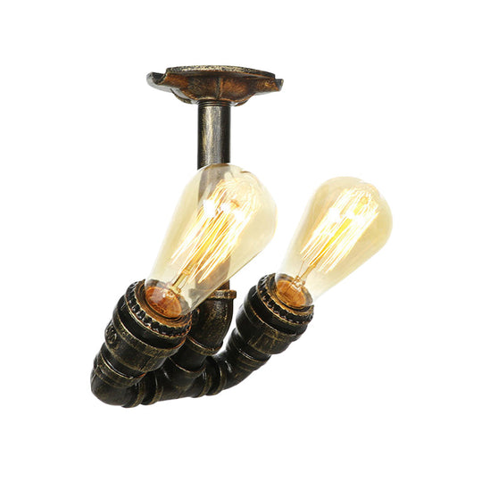 Bronze Industrial Semi Flush Light Fixture with Bare Bulb Design