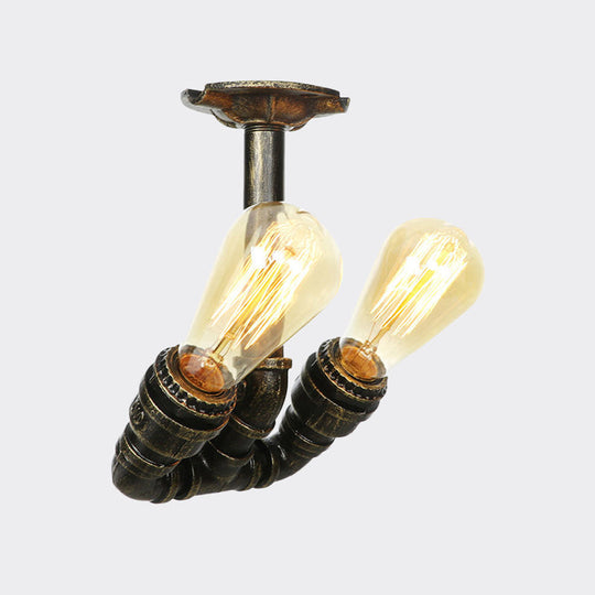 Bronze Industrial Semi Flush Light Fixture with Bare Bulb Design