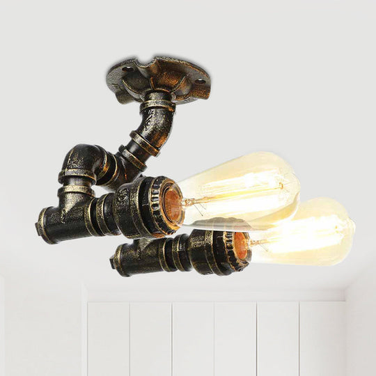 Bronze Industrial Semi Flush Light Fixture with Bare Bulb Design